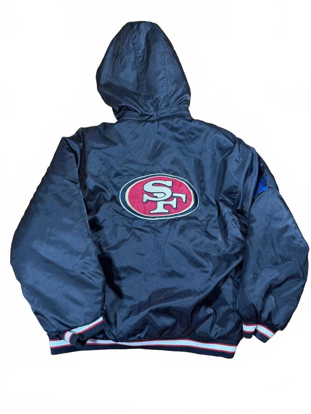 Vintage Reebok 90s San Fransisco 49ers Black Puffer Jacker With Hood Kids Size L